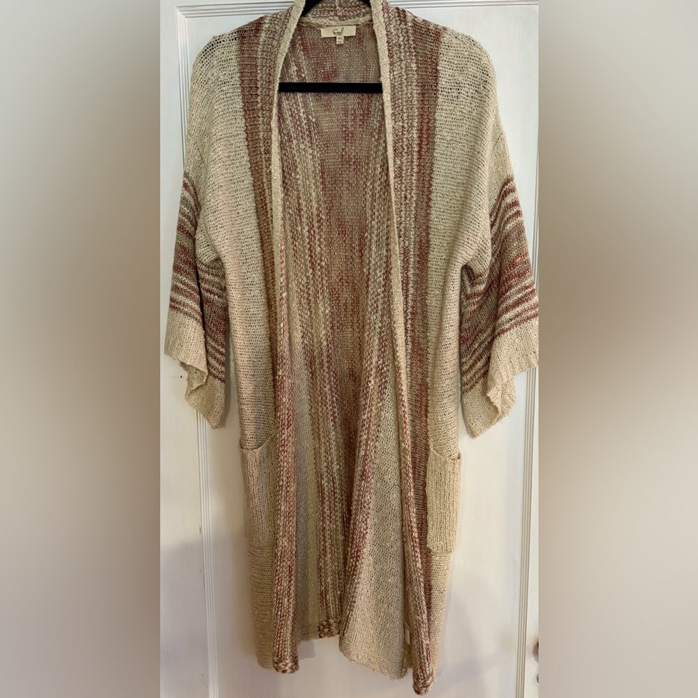Easel Beige, Rust, Green and Brown Striped Cardigan